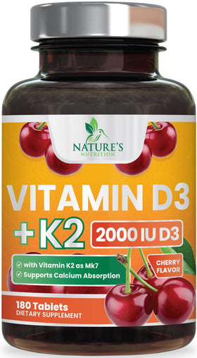 Complément D3 K2 Nature's Nutrition 180 comprimés à croquer, goût de baies