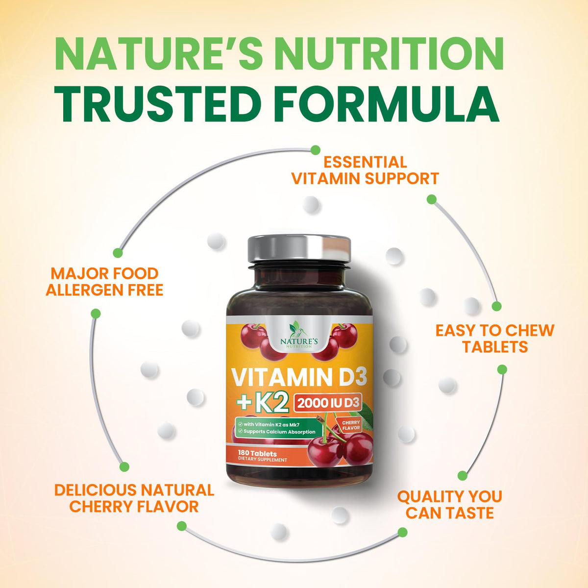 Complément D3 K2 Nature's Nutrition, mise en scène avec des fruits