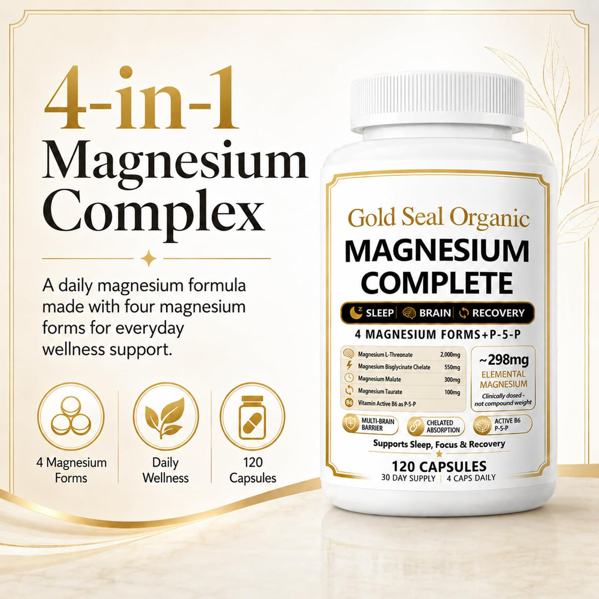 Complément de magnésium Gold Seal Organic 120 capsules, vue arrière du flacon