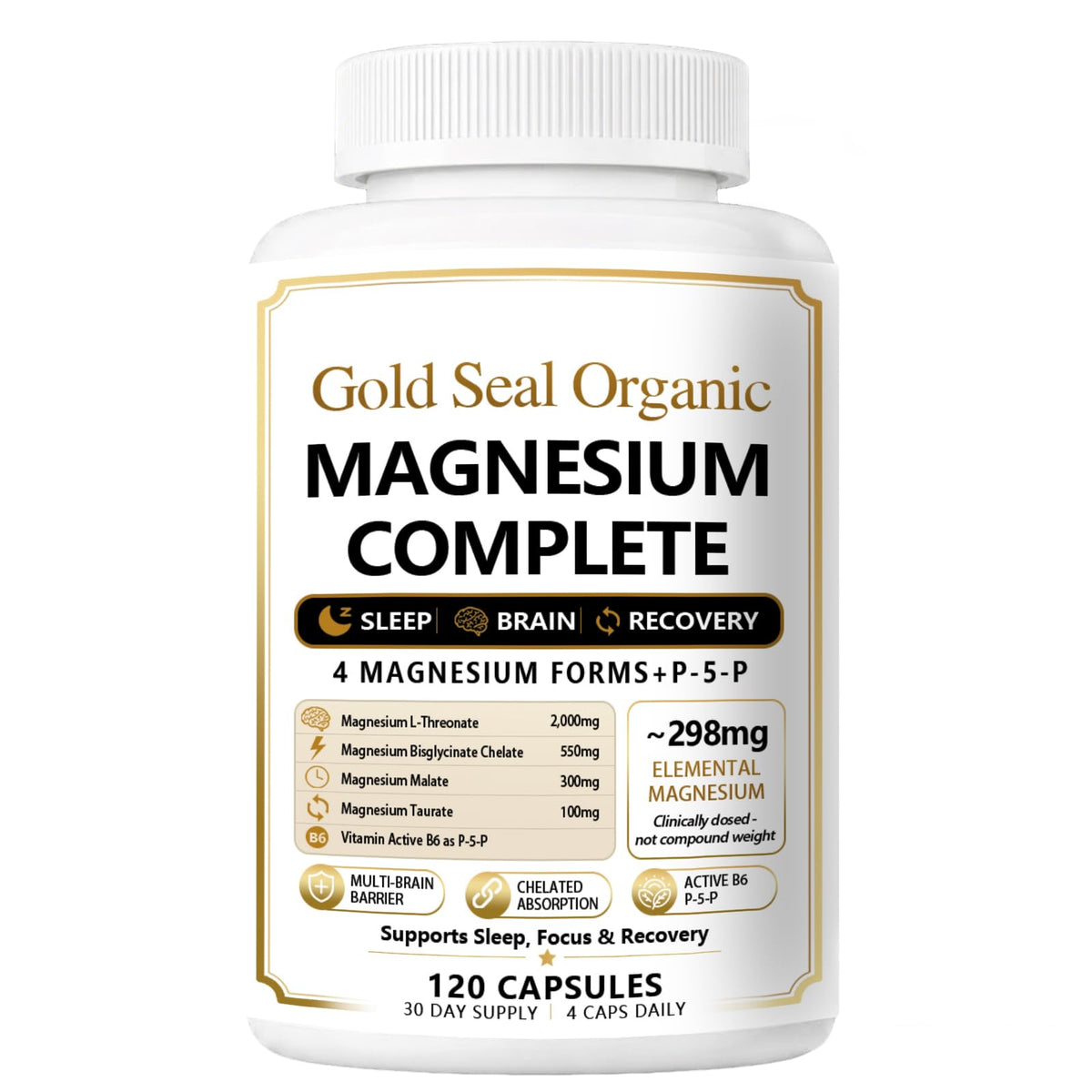 Complément de magnésium Gold Seal Organic 4-en-1, vue avant du flacon