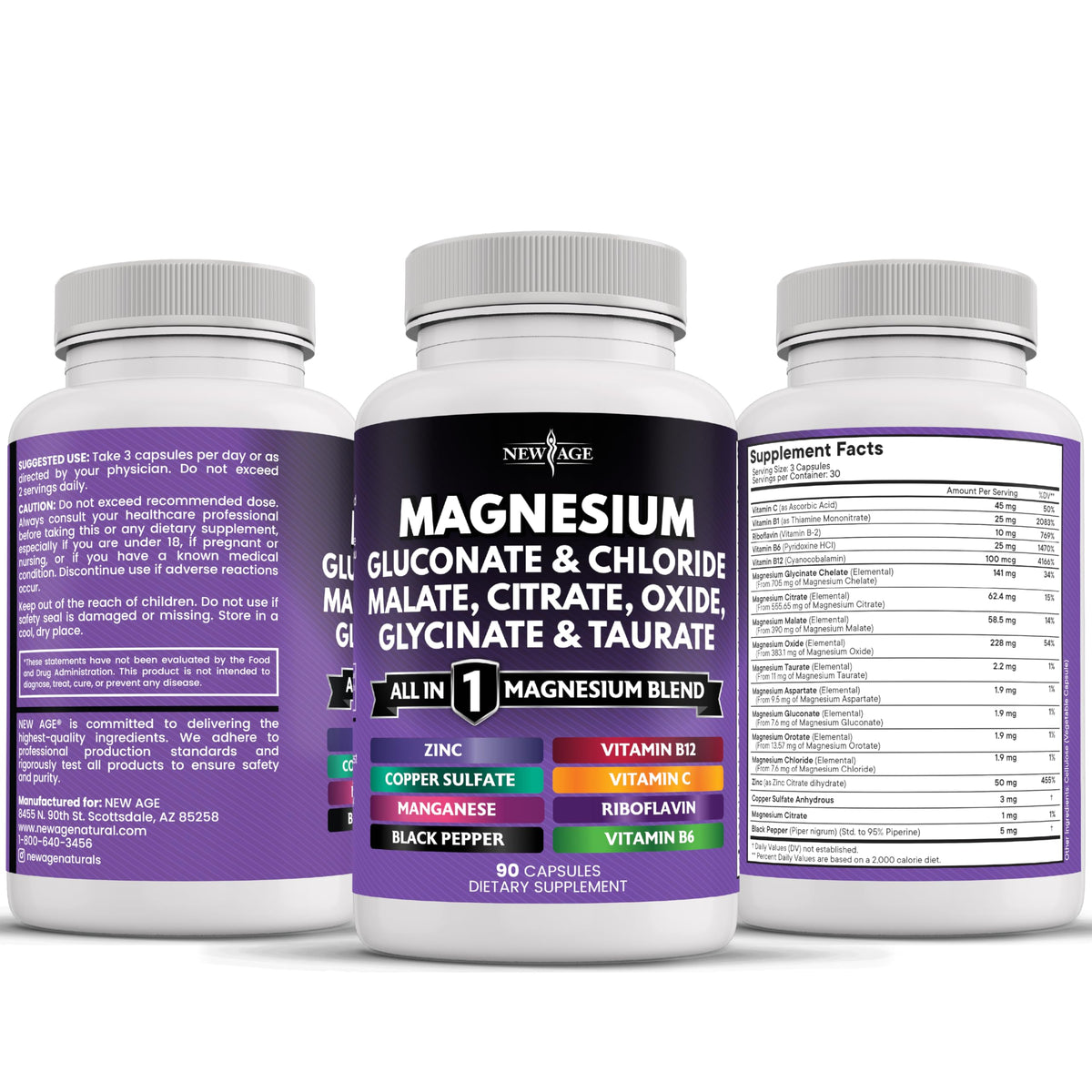 Complément de magnésium NEW AGE 2200mg, présentation du produit sur fond neutre