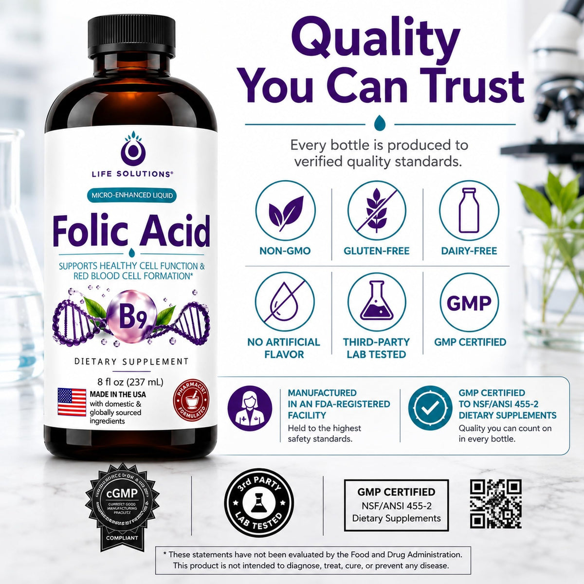 Complément de Vitamine B9 Life Solutions avec dosage de 800mcg