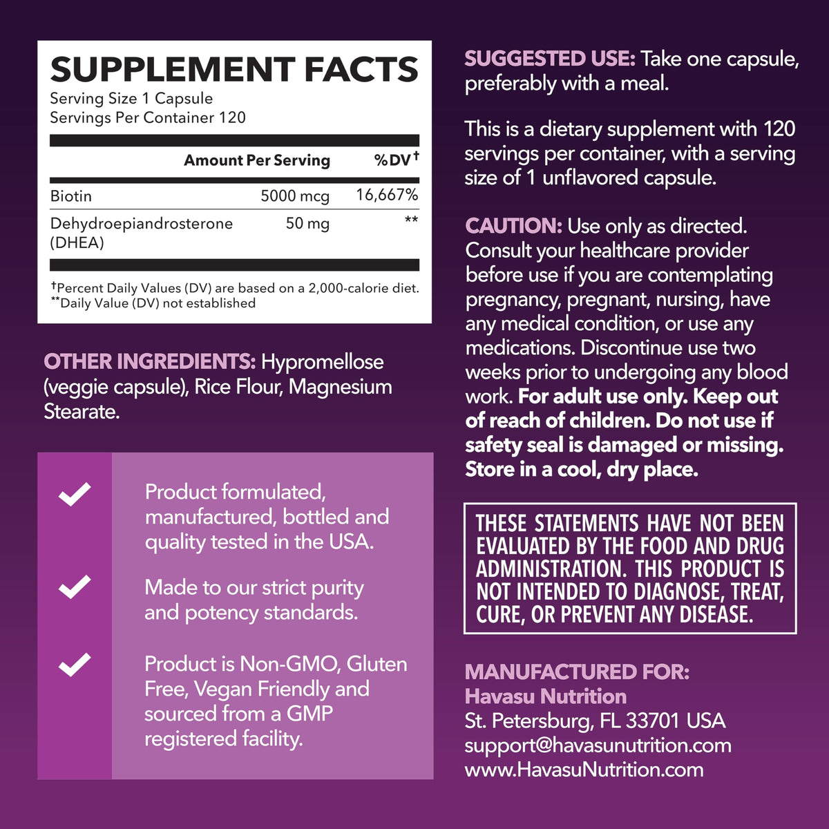 Complément DHEA HAVASU NUTRITION 5000mcg Biotine capsule arrière