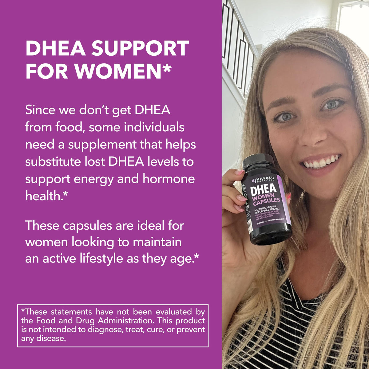 Complément DHEA HAVASU NUTRITION avec Biotine en main