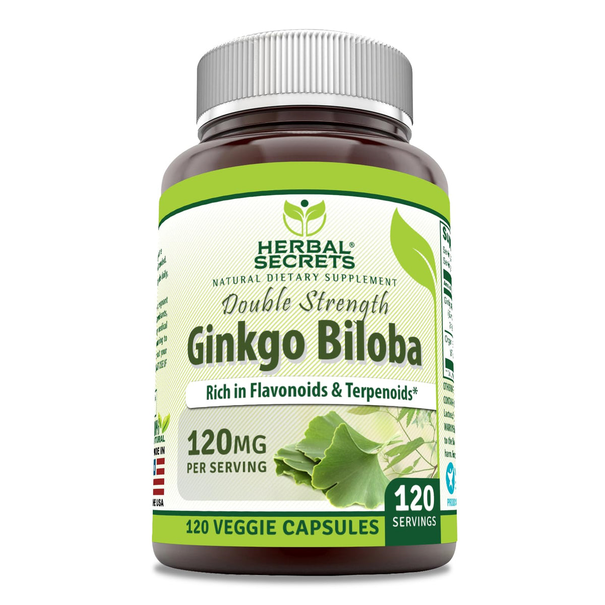 Complément Ginkgo Biloba Double Force Herbal Secrets, flacon de 120 capsules végétales