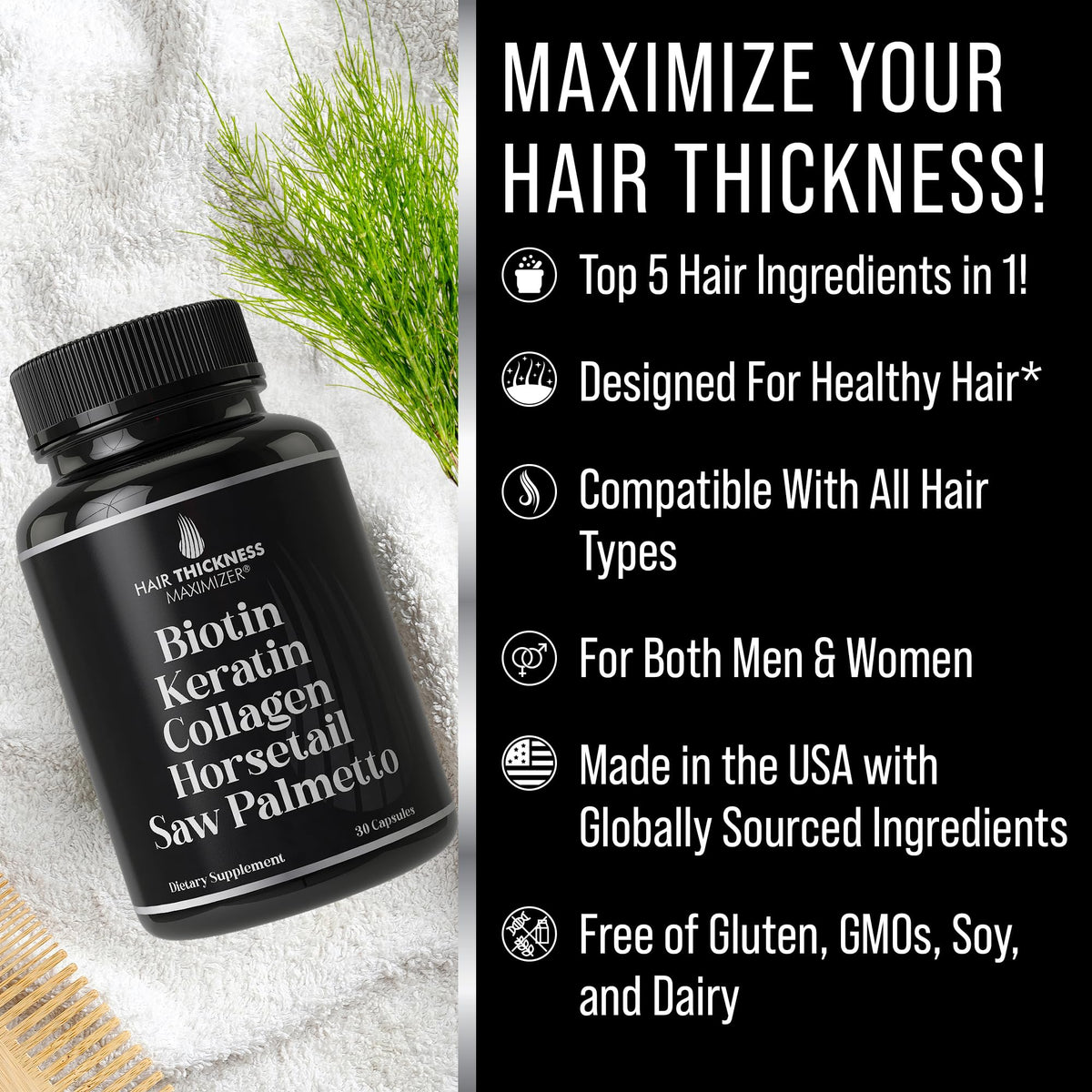 Complément Hair Thickness Maximizer avec ingrédients clés sur l'étiquette
