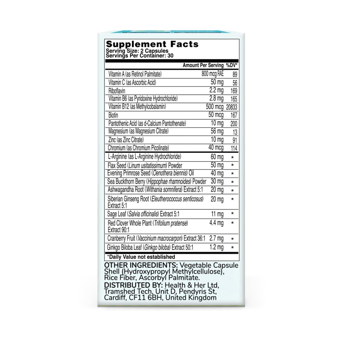 Complément Health and Her Ménopause sur une table avec de l'eau