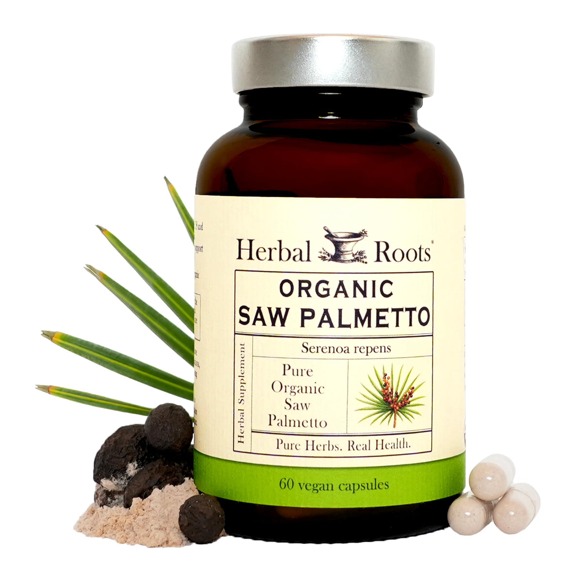 Complément Herbal Roots Saw Palmetto 60 capsules végétales, vue de face