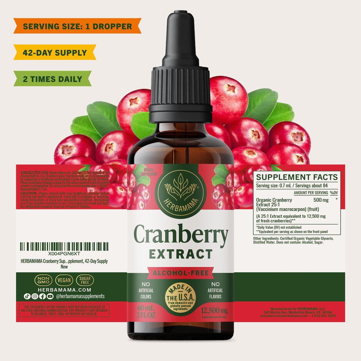 Complément HERBAMAMA Cranberry avec des fruits de cranberry en arrière-plan