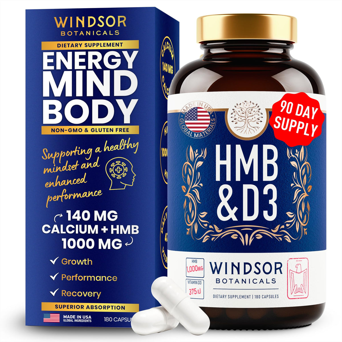 Complément HMB 1 000 mg et Vitamine D3 de WINDSOR BOTANICALS, vue avant