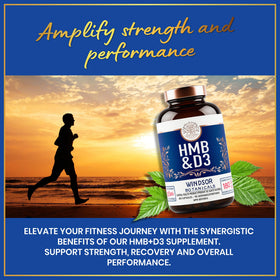 Complément HMB 1 000 mg et Vitamine D3 sur une table