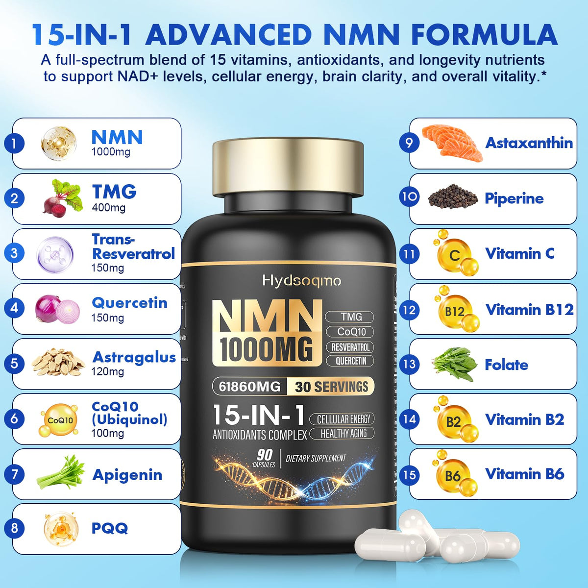 Complément Hydsoqmo NMN 1000mg, capsules dans une cuillère
