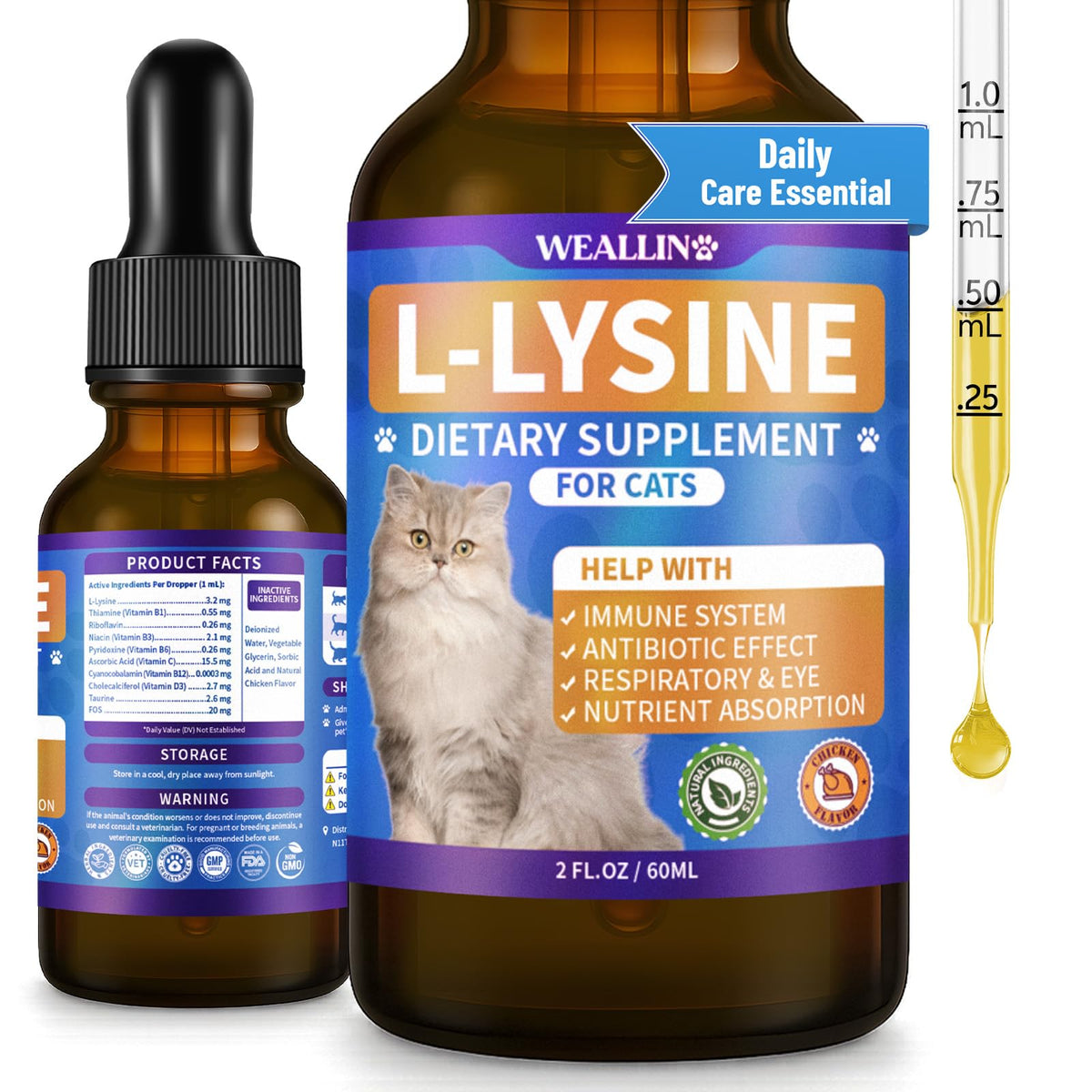 Complément L-Lysine WEALLIN pour chats 60ml saveur poulet, vue avant
