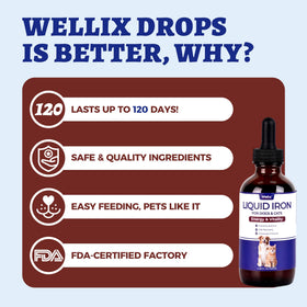Complément liquide au fer Wellix pour animaux, vue de côté
