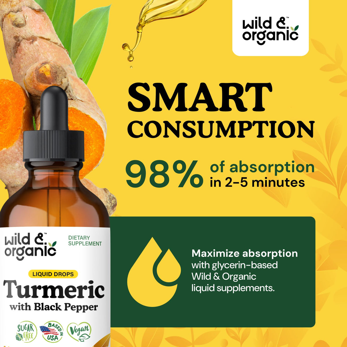 Complément liquide de curcuma Wild & Organic sur une table en bois