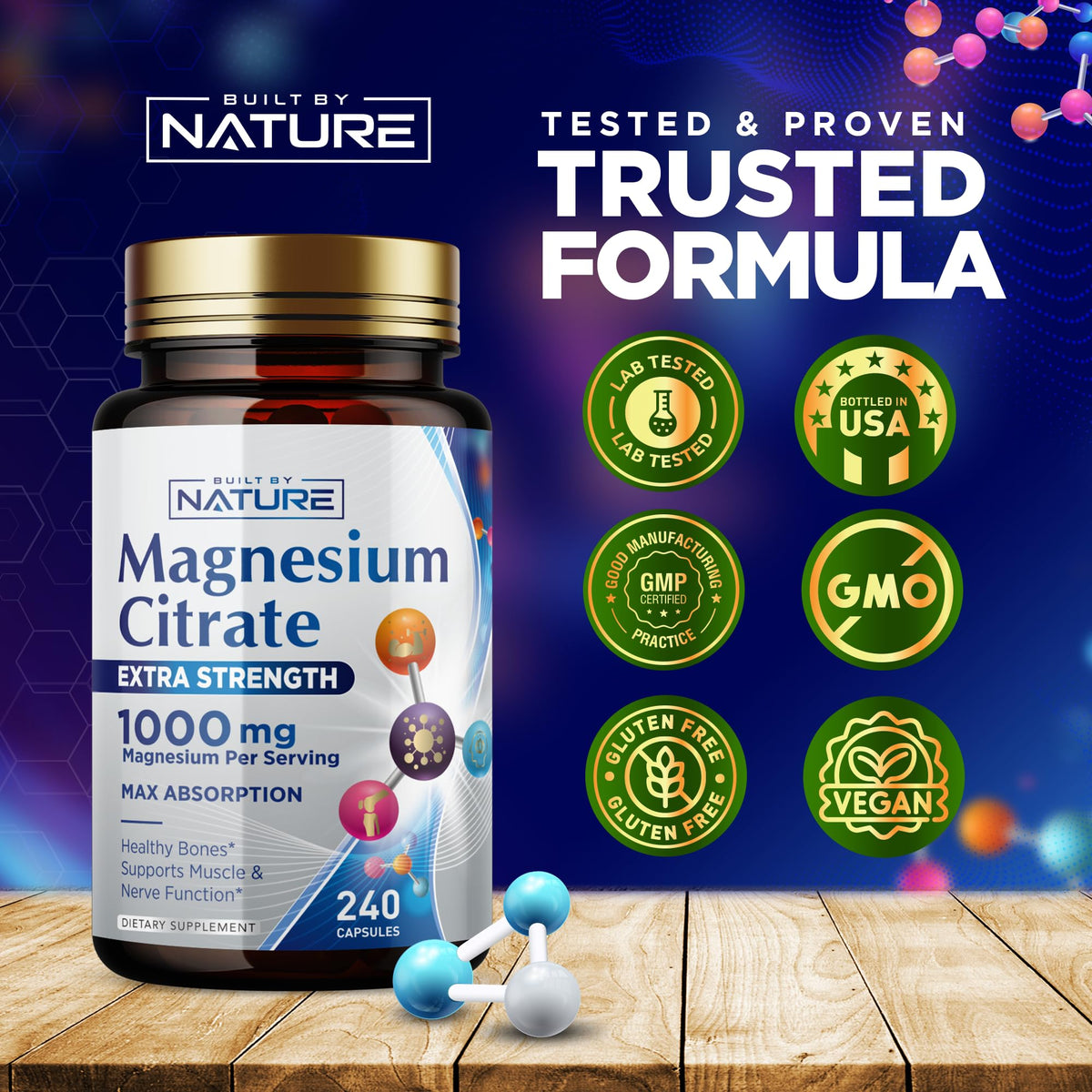 Complément Magnésium Citrate 1000mg - Built by Nature, en présentation lifestyle