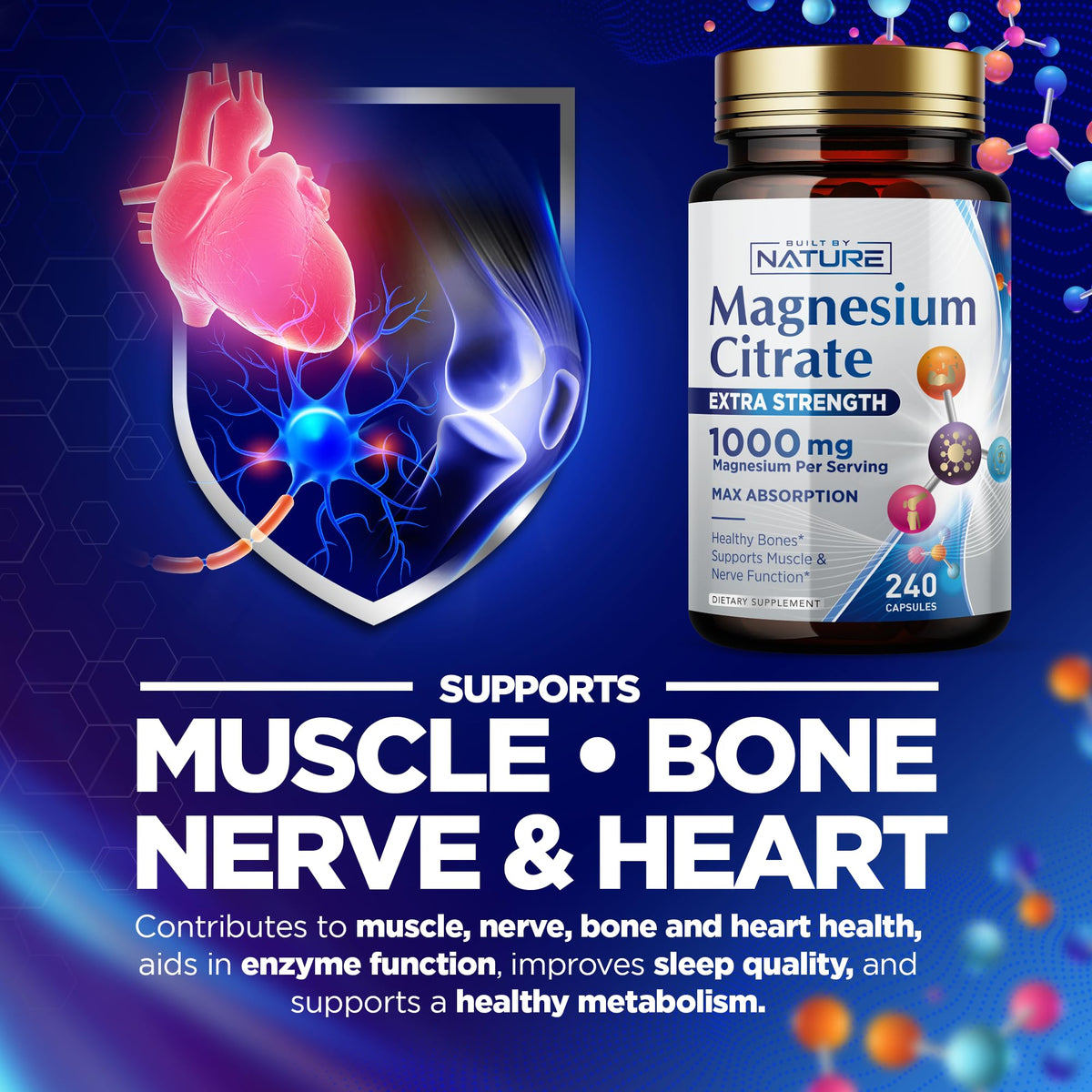 Complément Magnésium Citrate 1000mg - Built by Nature, vue de côté