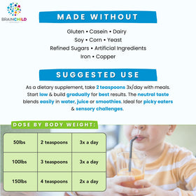 Complément minéraux BrainChild Nutritionals sur une table avec des fruits