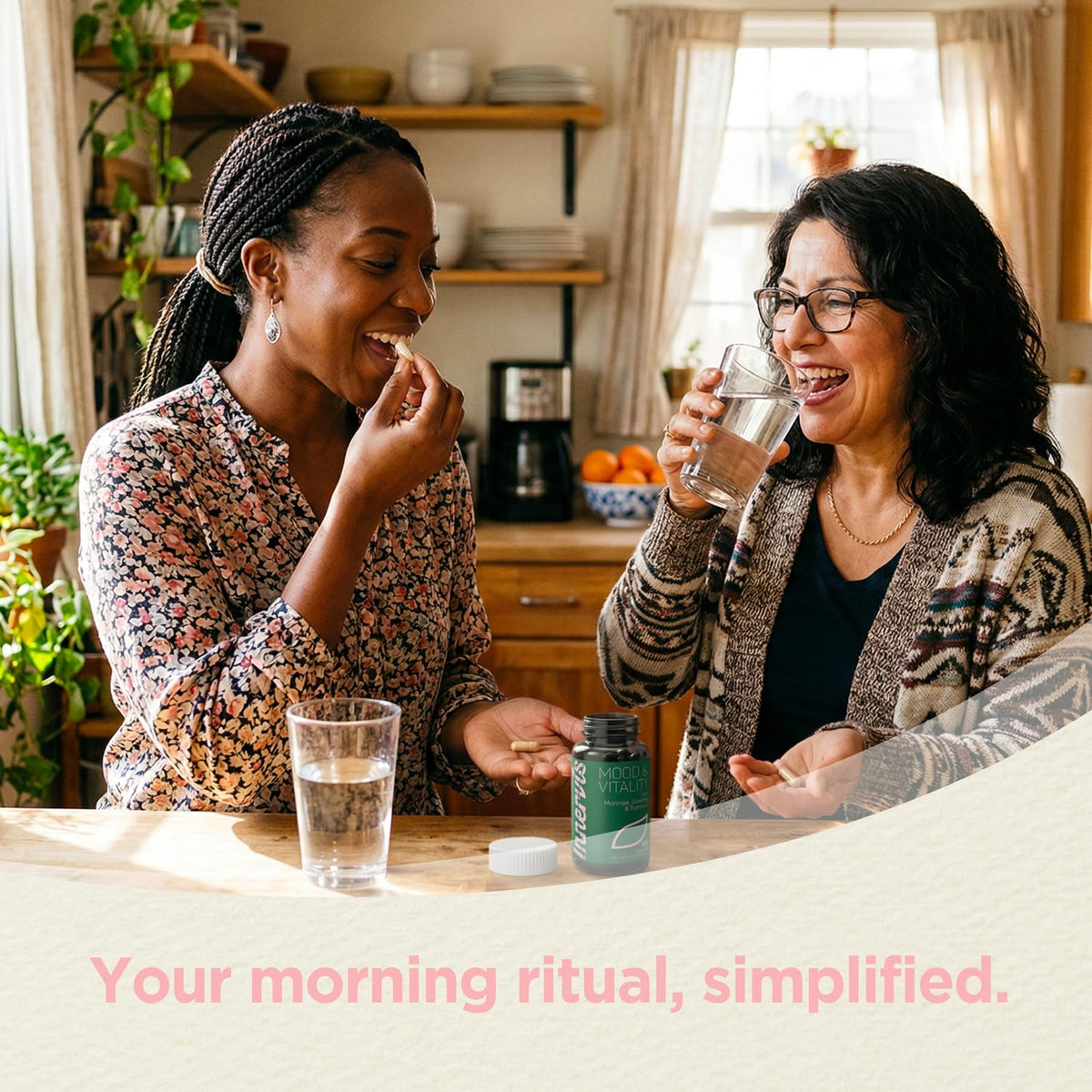 Complément Mood & Vitality sur une table avec des plantes