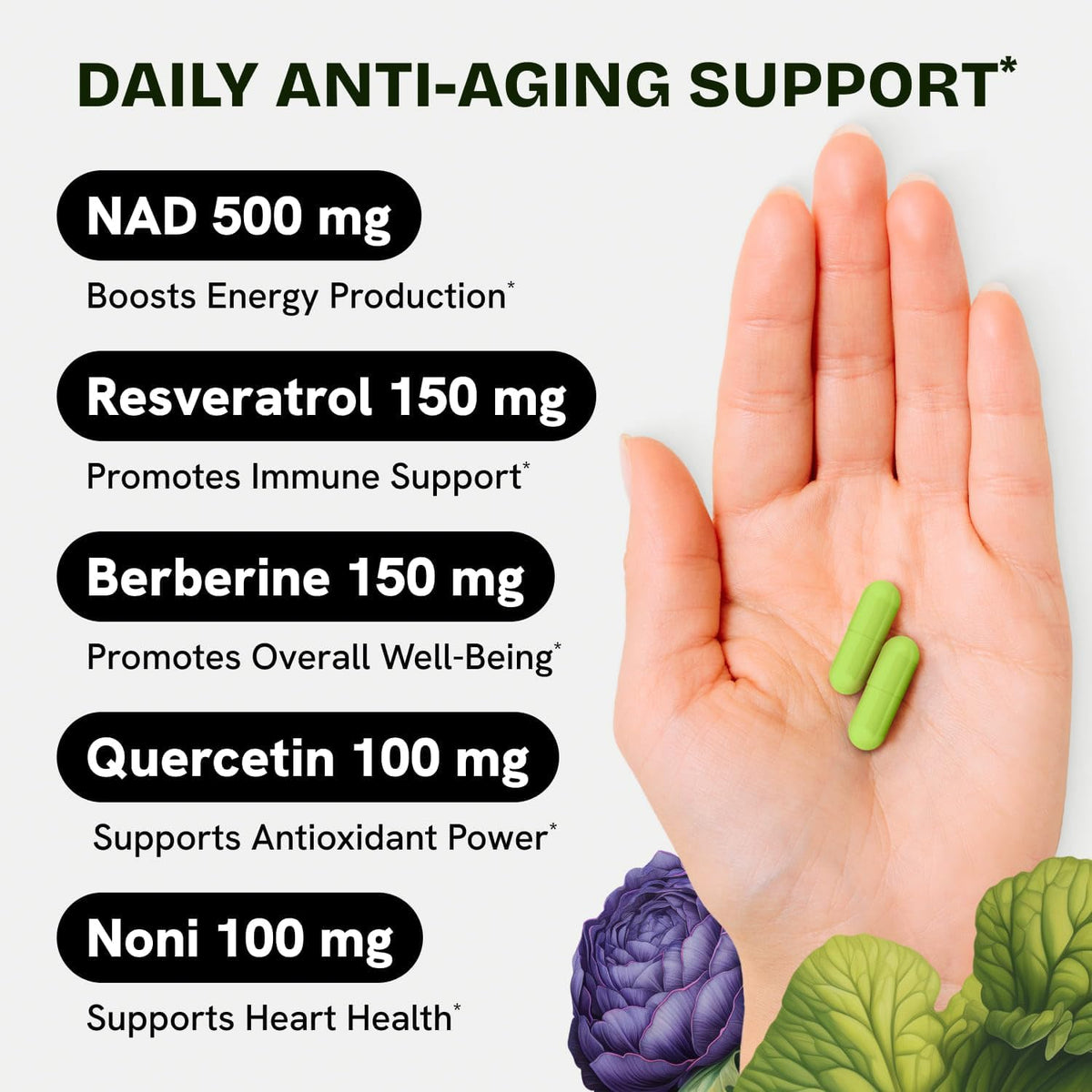 Complément NAD+ Resurrected Health sur une table avec des ingrédients naturels