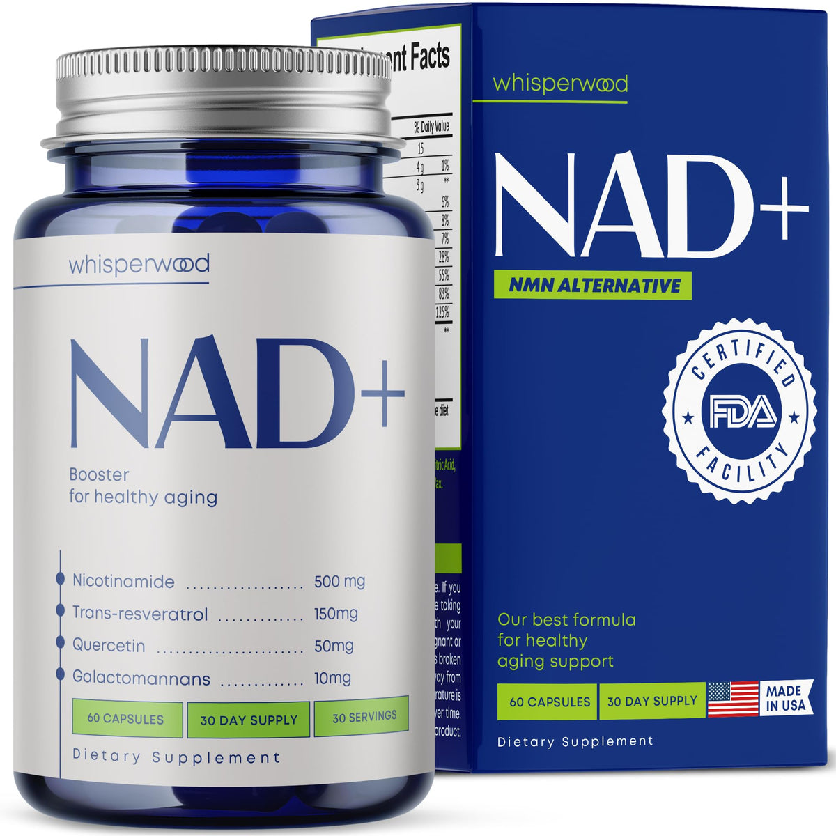 Complément NAD+ WHISPERWOOD 60 capsules vue avant avec étiquette