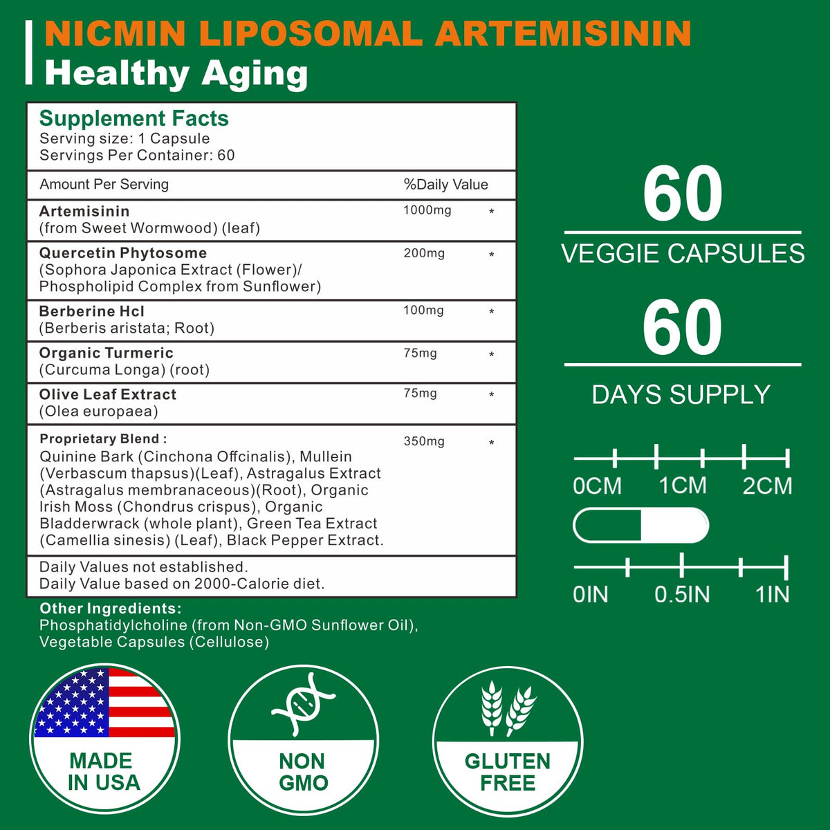 Complément NICMIN Artémisinine Liposomale 1000mg, capsules visibles sur une table