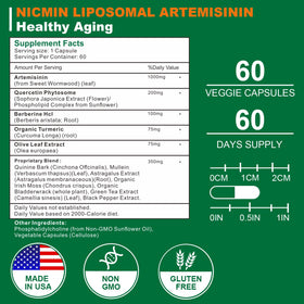 Complément NICMIN Artémisinine Liposomale 1000mg, capsules visibles sur une table