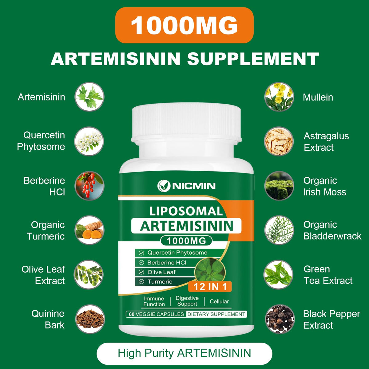Complément NICMIN Artémisinine Liposomale 1000mg, ingrédients affichés sur l'emballage
