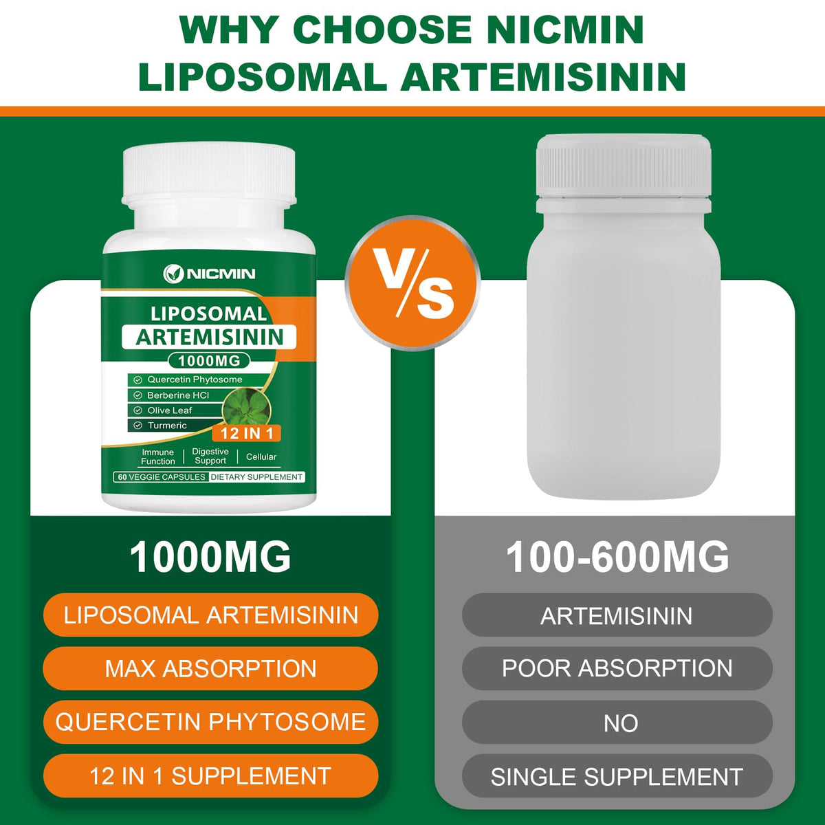 Complément NICMIN Artémisinine Liposomale 1000mg, vue de côté de la boîte