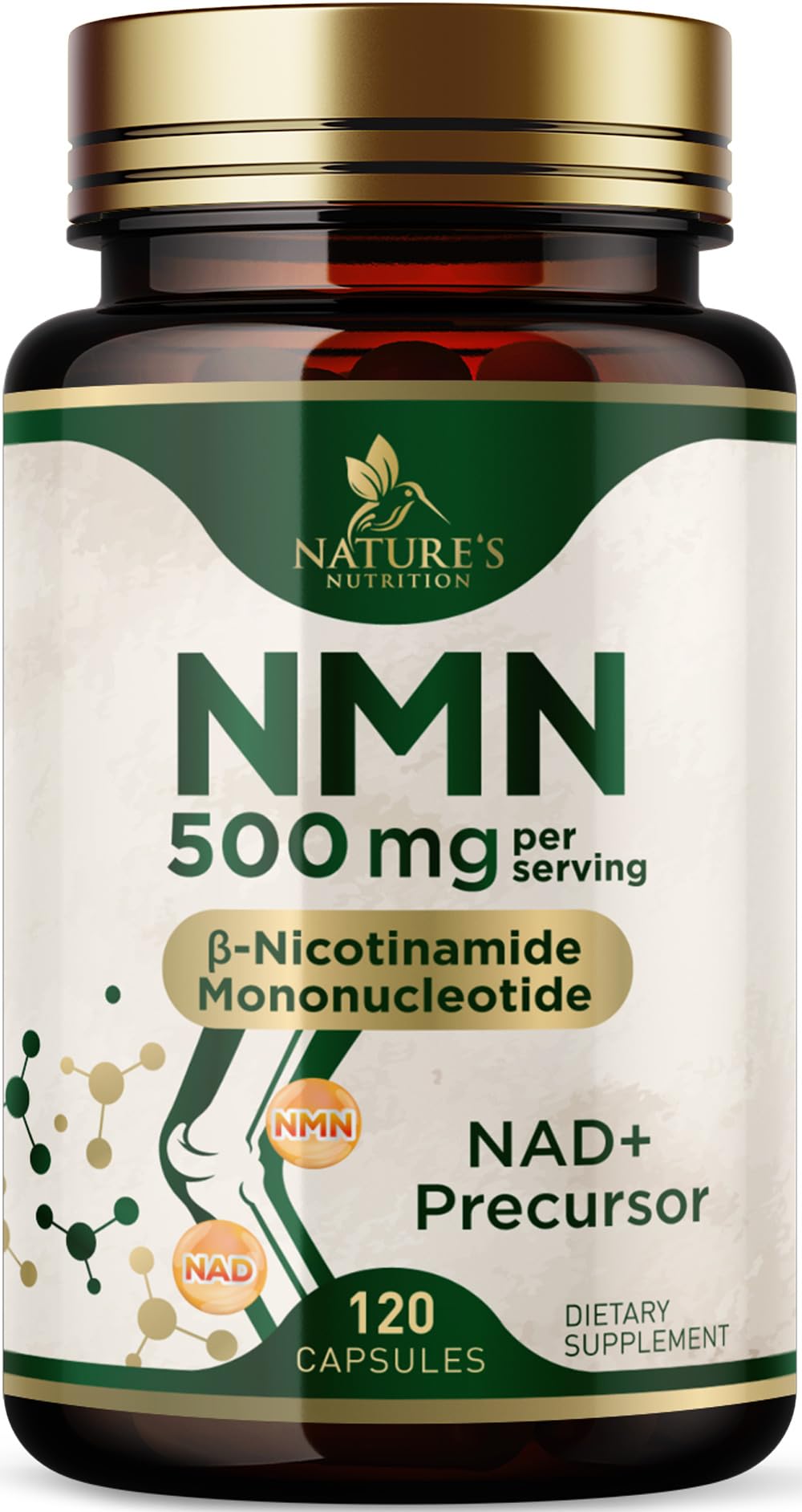 Complément NMN 500 mg Nature's Nutrition vue avant avec capsules