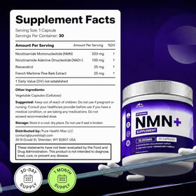 Complément NMN PURE HEALTH MAX avec ingrédients listés