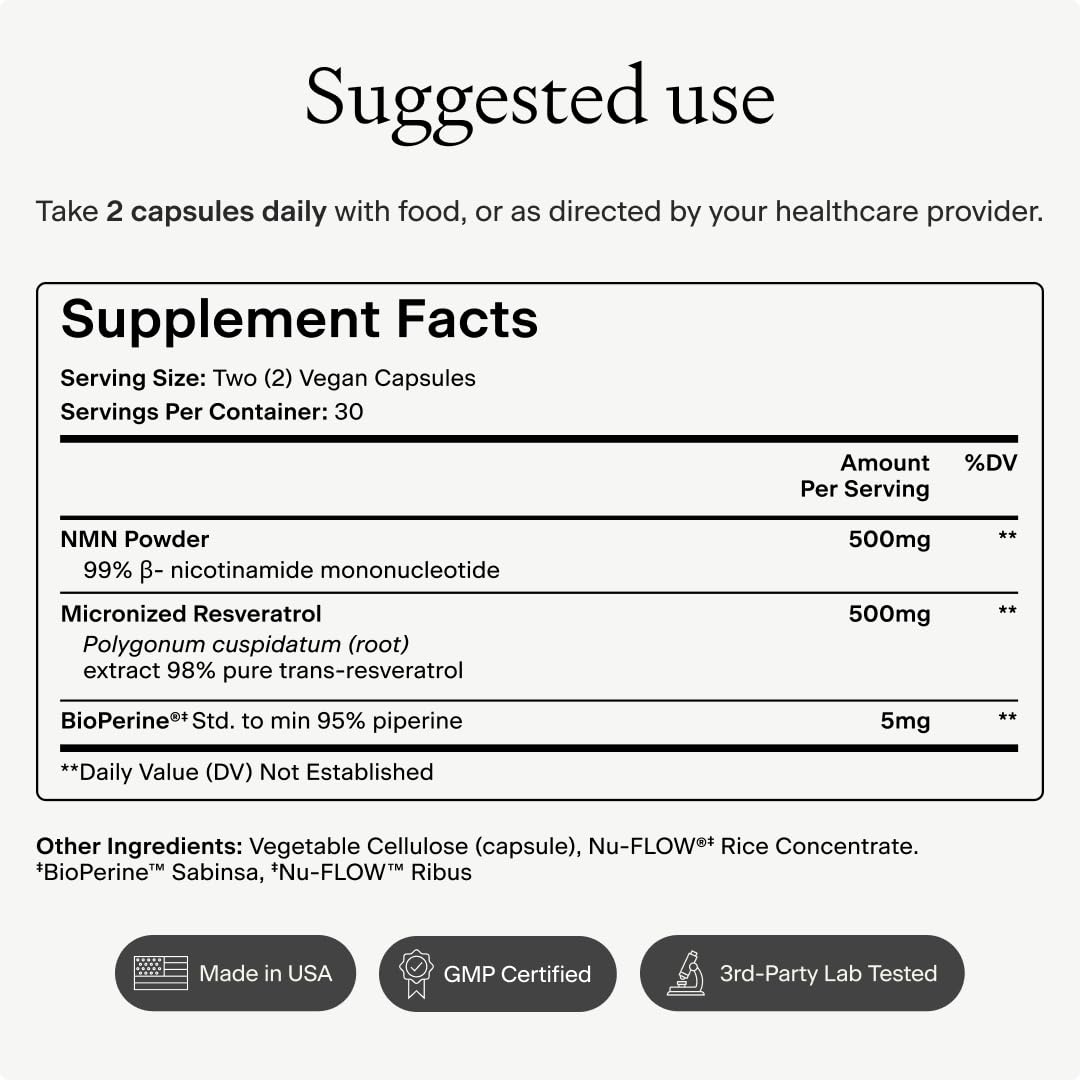 Complément OMRE NMN + Resvératrol 500mg, capsules en gros plan