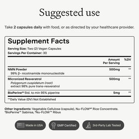Complément OMRE NMN + Resvératrol 500mg, capsules en gros plan