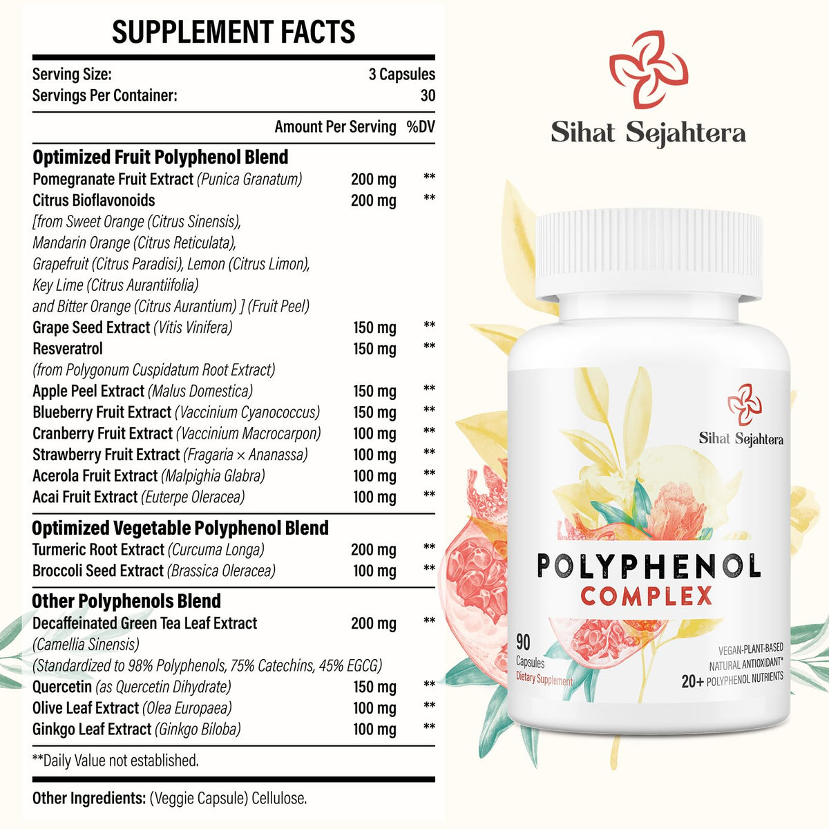 Complément polyphénols Sihat Sejahtera avec étiquette détaillée
