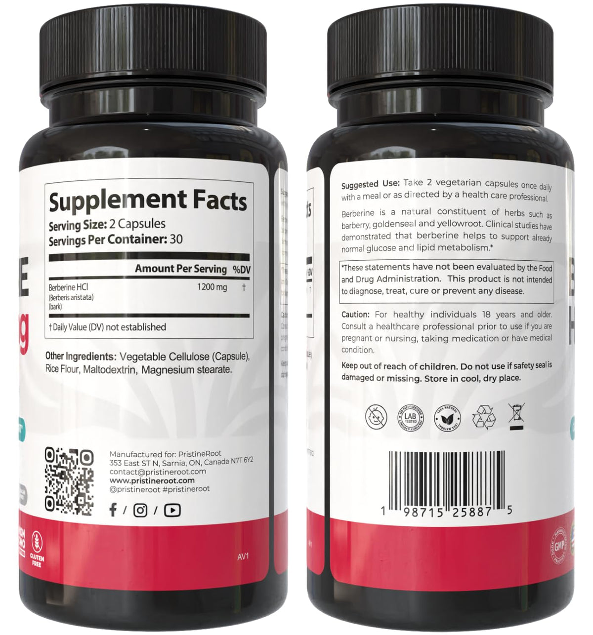Complément PristineRoot Berbérine 1200mg informations de l'étiquette