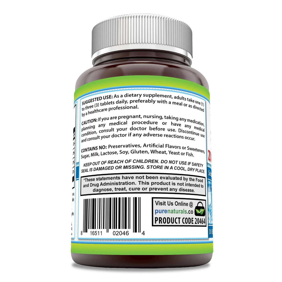 Complément Pure Naturals Calcium Magnésium Zinc 300 tablettes côté