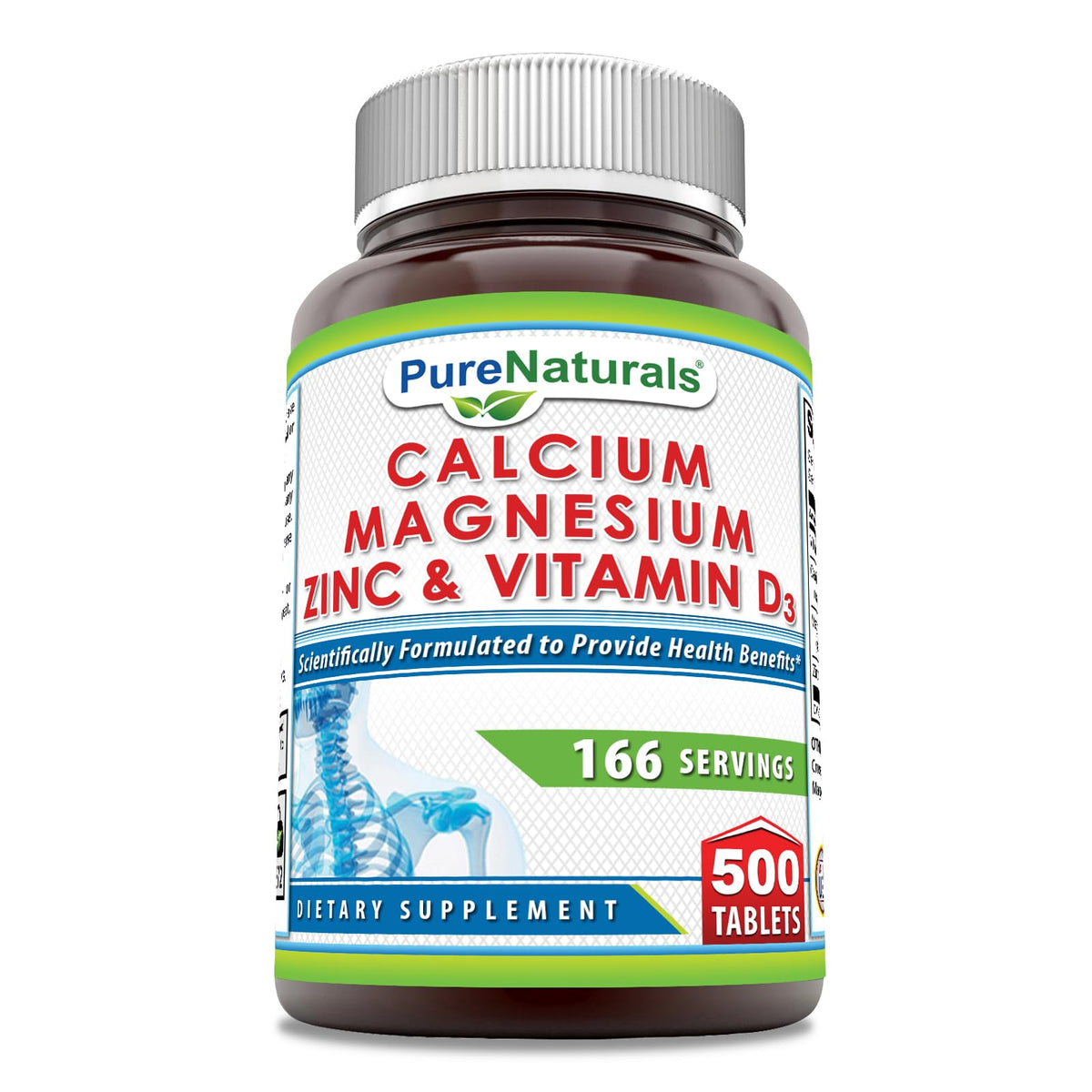 Complément Pure Naturals Calcium Magnésium Zinc D3 600 IU 500 Tablettes vue avant