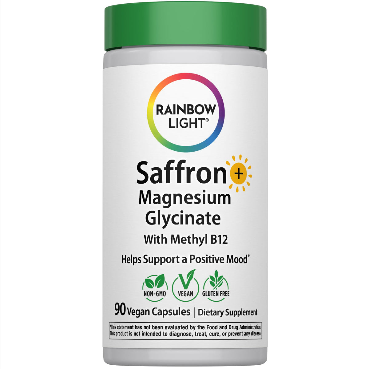 Complément Rainbow Light Saffron Extract 59 mg, vue avant avec capsules