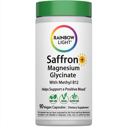Complément Rainbow Light Saffron Extract 59 mg, vue avant avec capsules