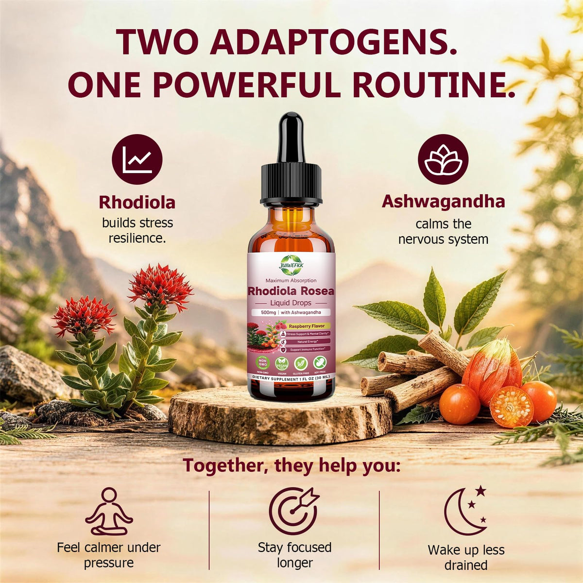 Complément Rhodiola Rosea sur une table avec des fruits