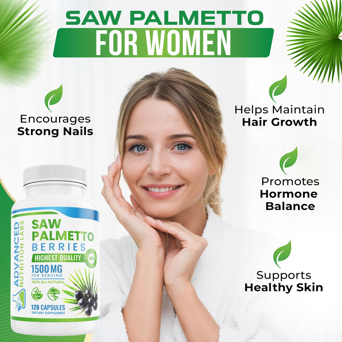 Complément Saw Palmetto 1500 mg avec des baies de Saw Palmetto en arrière-plan