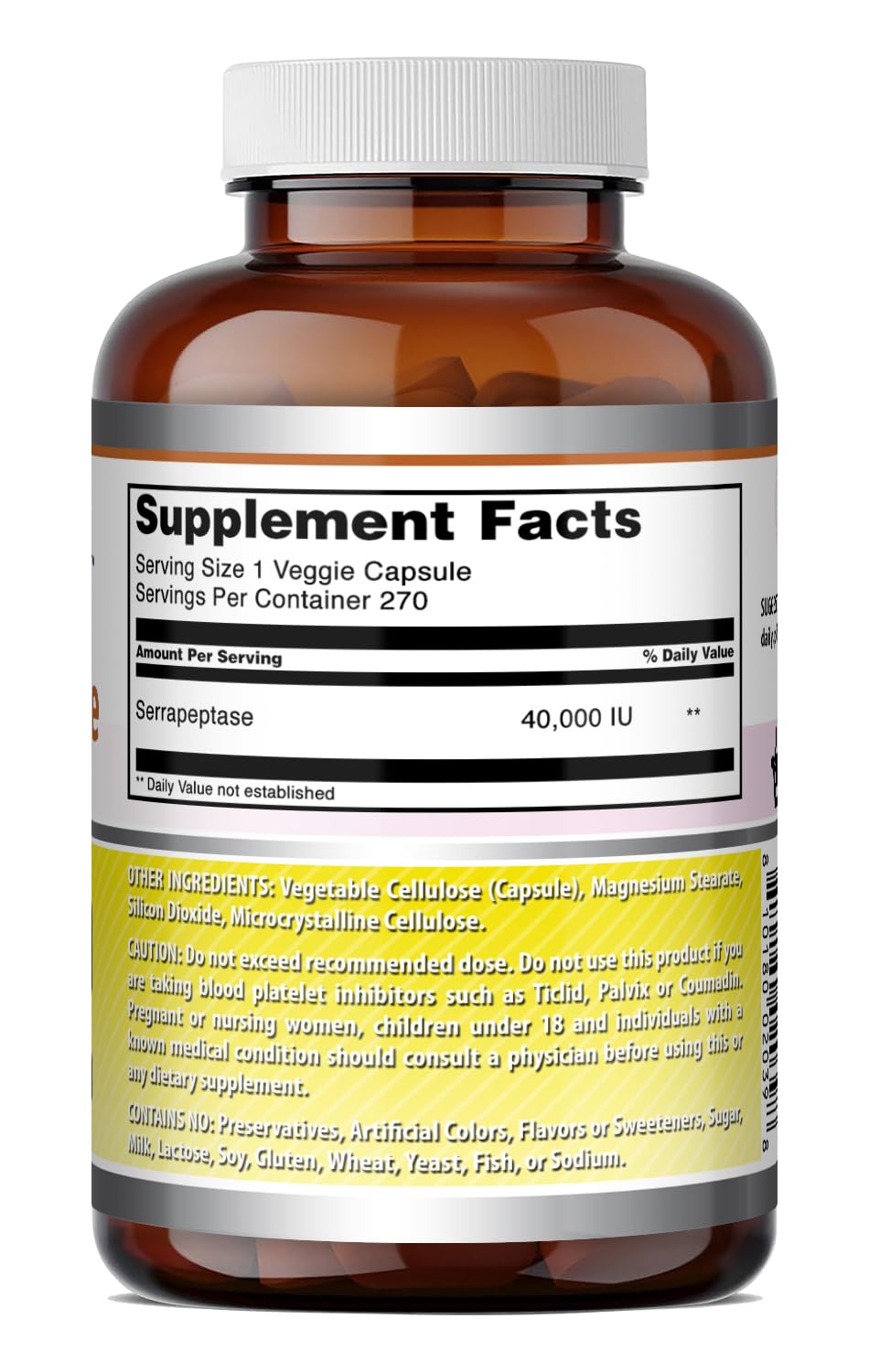 Complément Serrapeptase 40000 IU Amazing Nutrition, étiquette avec ingrédients