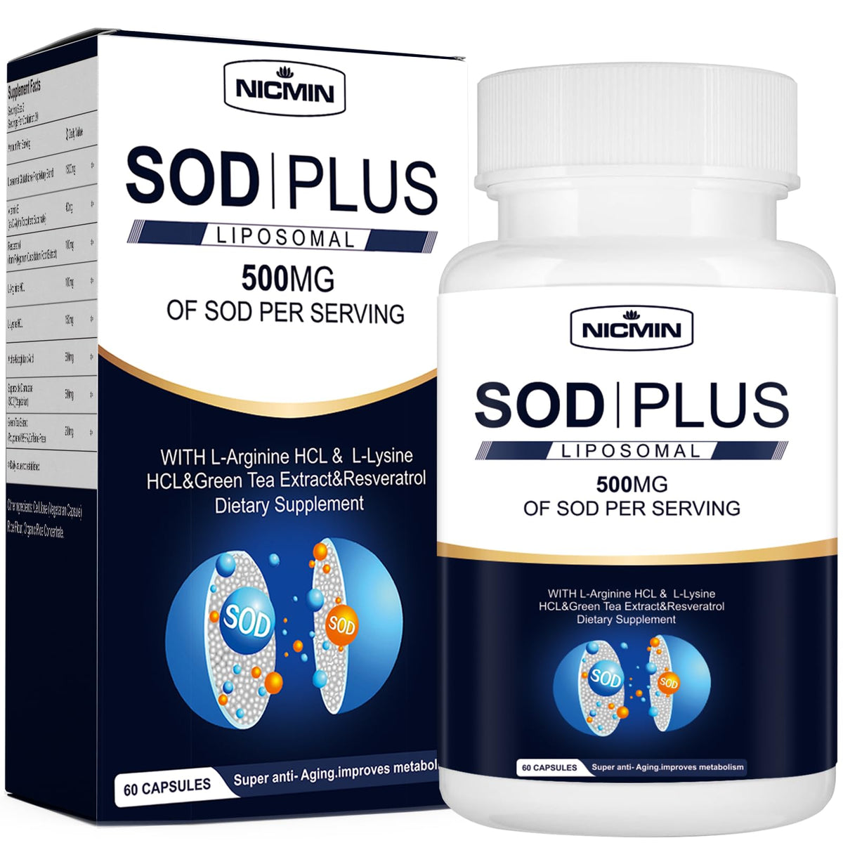 Complément SOD 500mg NICMIN en boîte avec 60 capsules