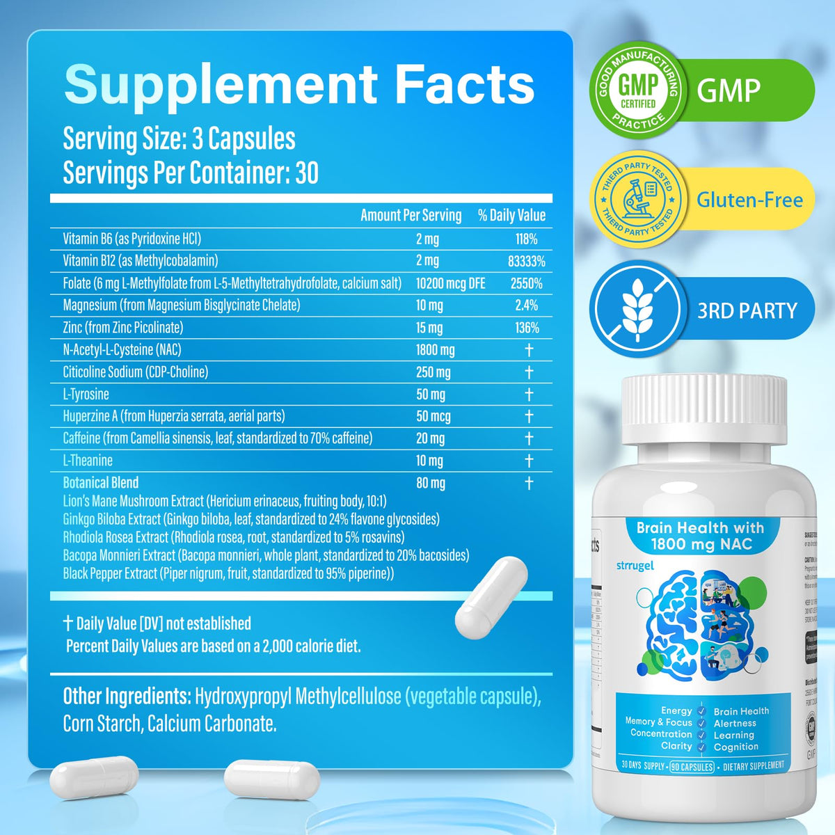 Complément strrugel NAC 1800mg étiquette avec ingrédients