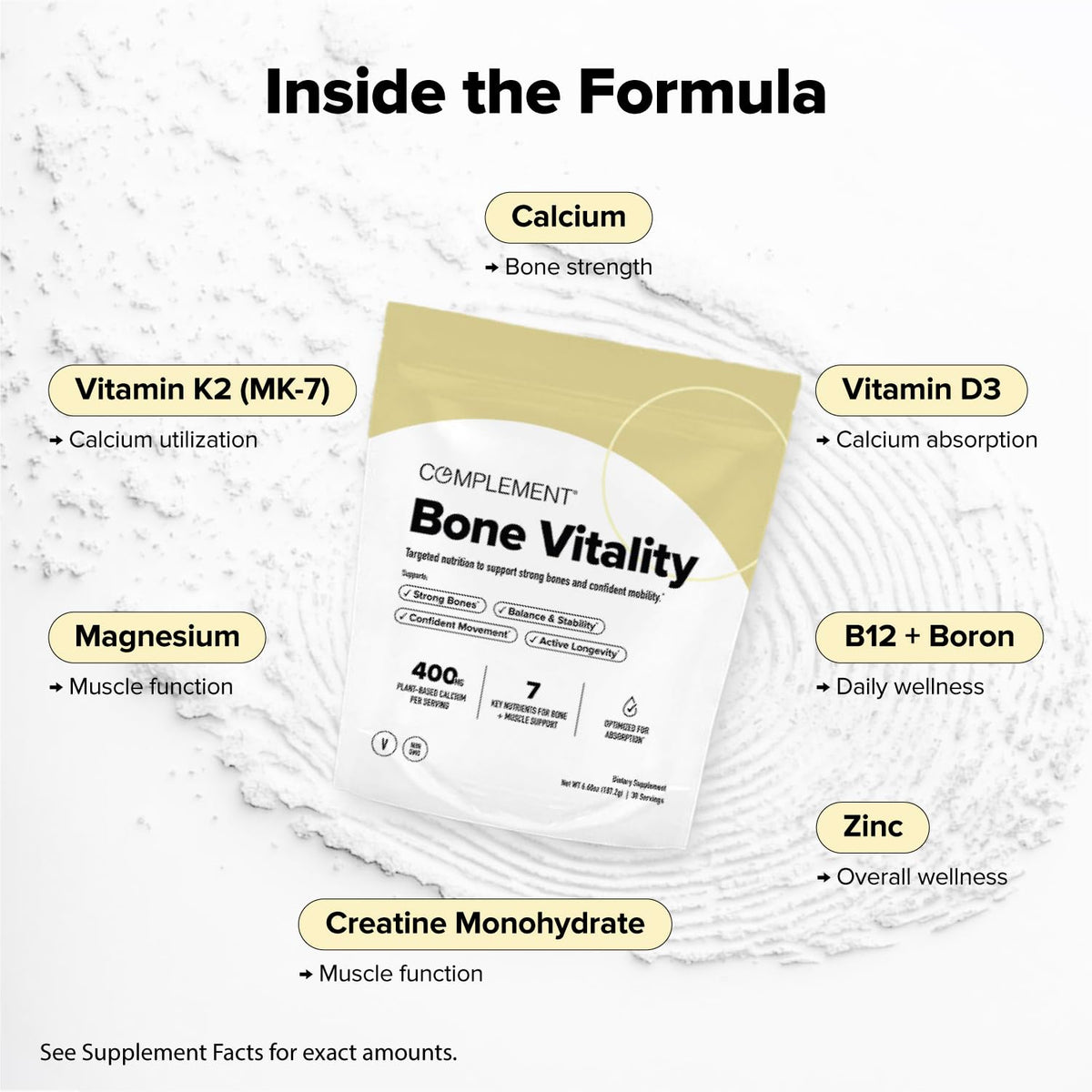 Complément Vitalité Osseuse, sachet ouvert avec poudre visible