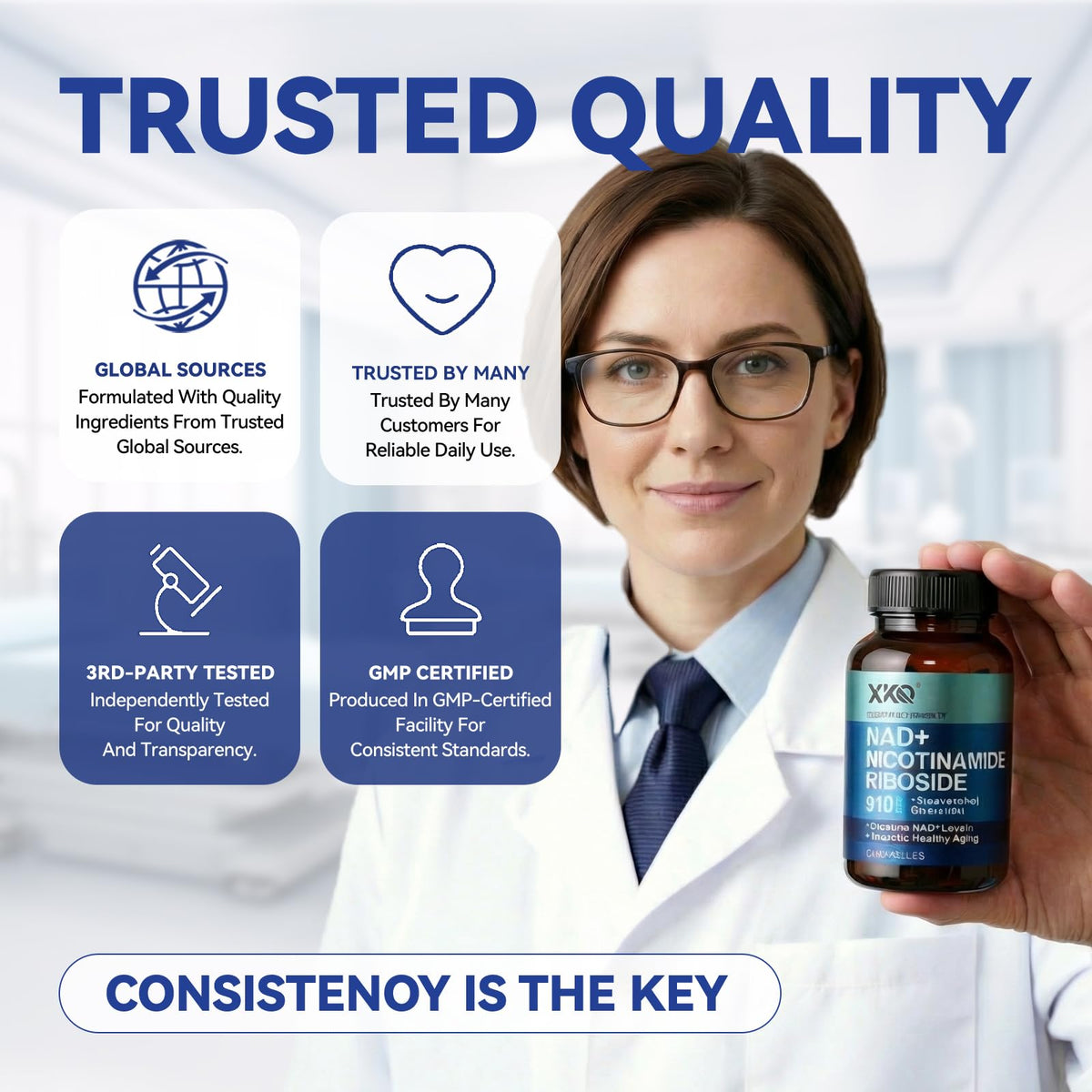 Complément XKQ NAD+ 520 mg avec un verre d'eau