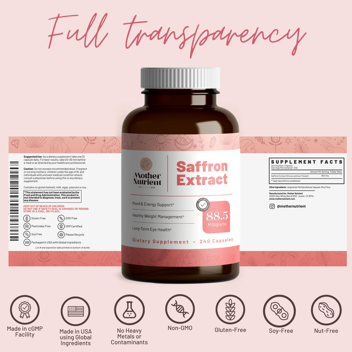 Compléments alimentaires de safran Mother Nutrient vue de côté