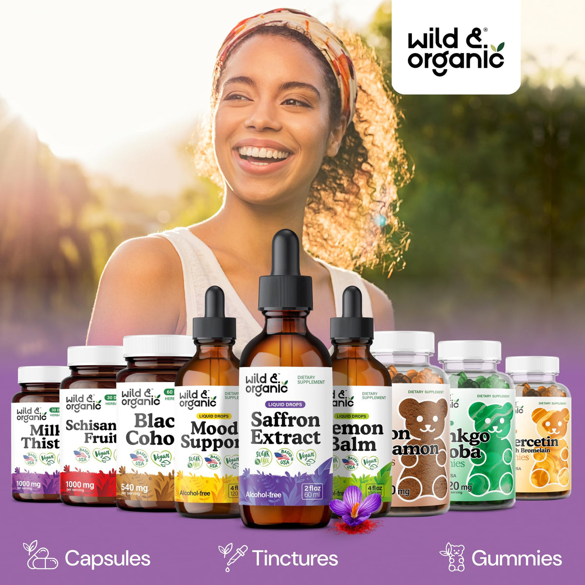 Compléments alimentaires de safran Wild & Organic sur une table en bois
