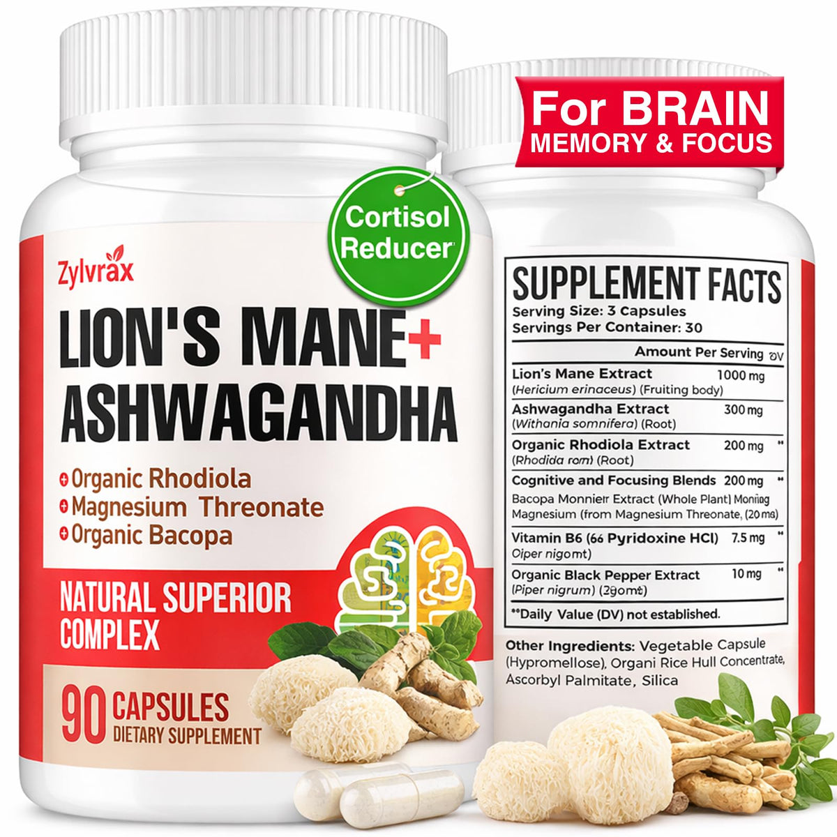 Compléments Ashwagandha et Lions Mane Zylvrax 90 capsules vue avant
