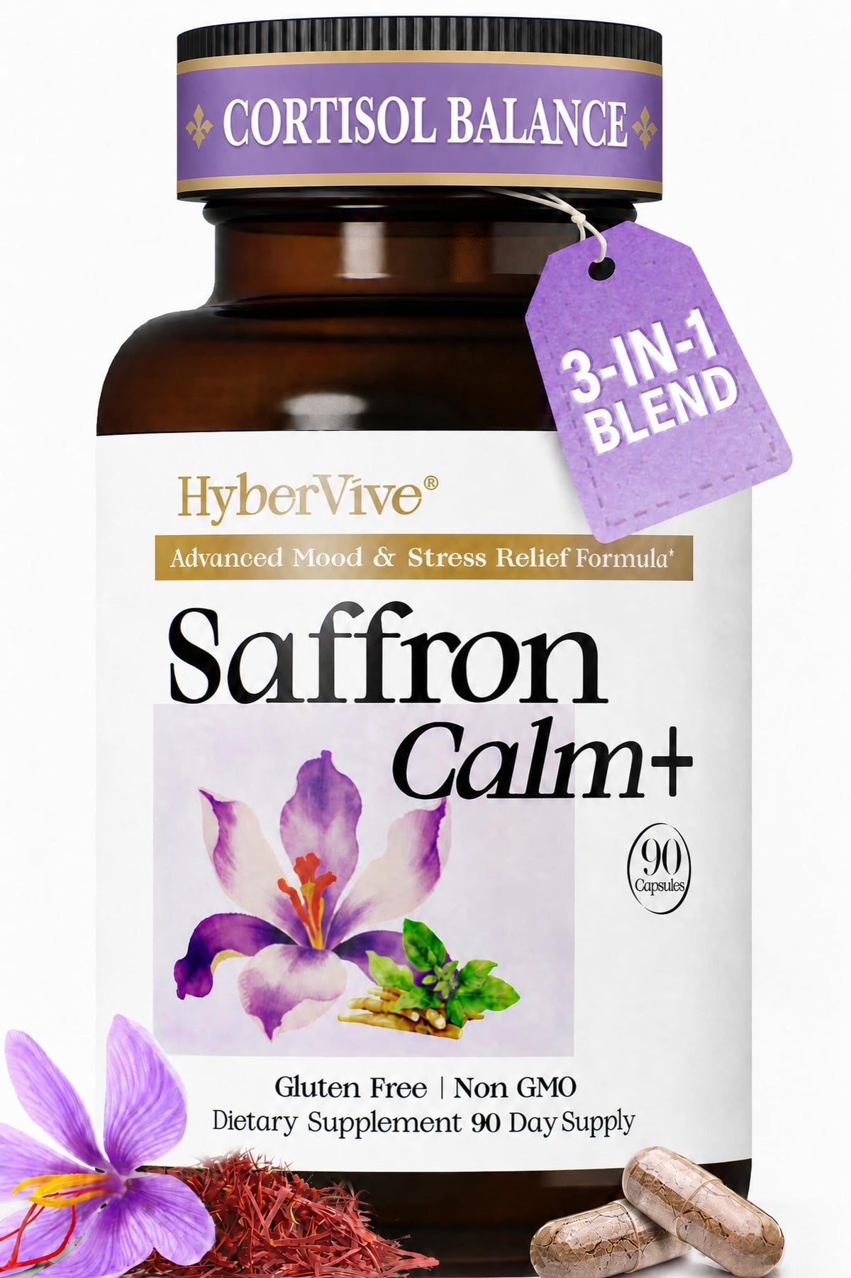 Compléments HyberVive Saffran Ashwagandha L-Theanine 368,5mg vue de face